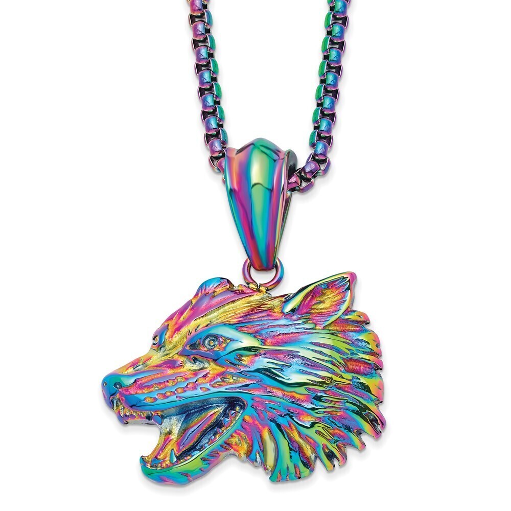 Steel Rainbow IP-plated Wolf Head Pendant on a 24in Box Chain Necklace